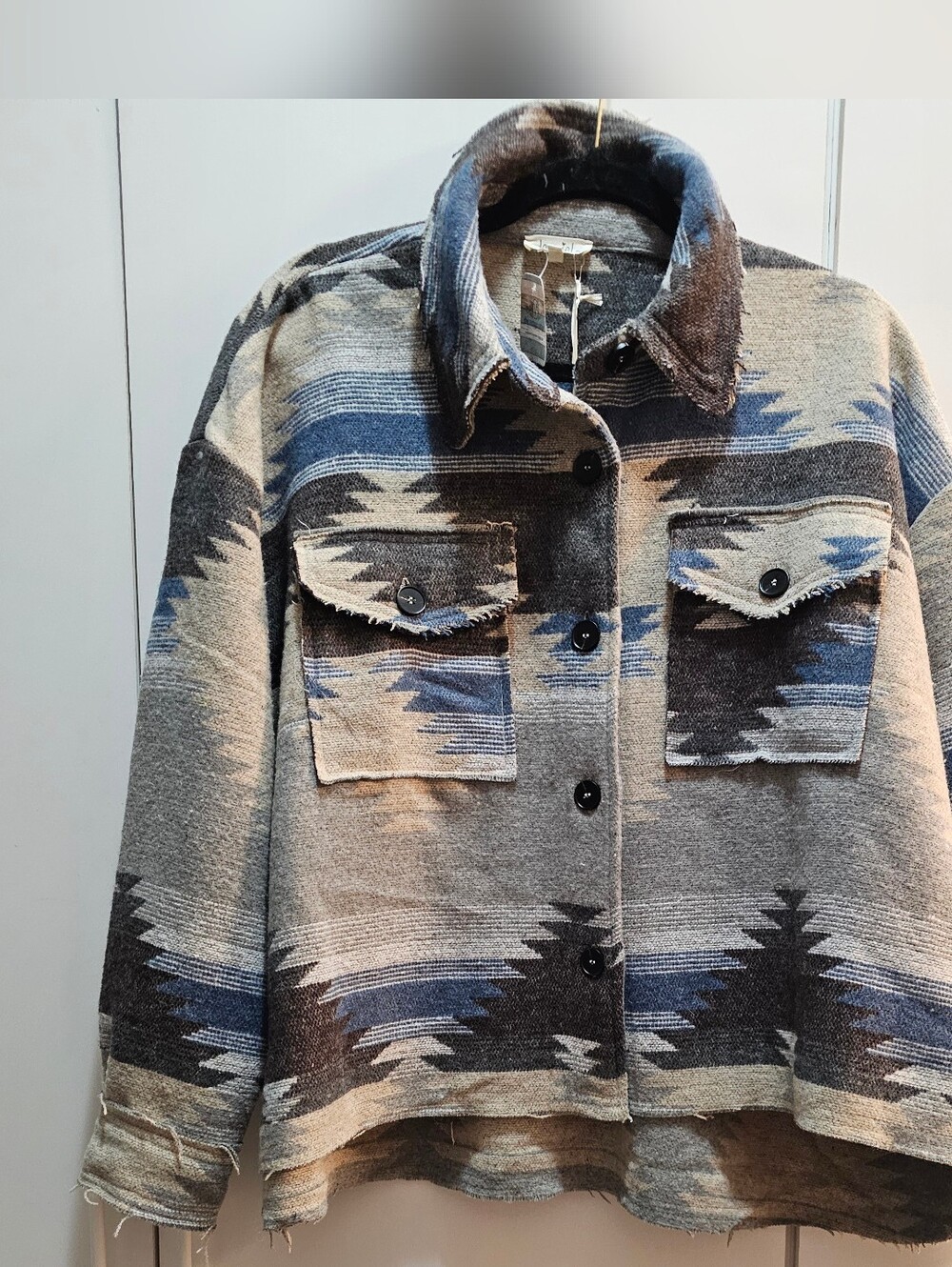 La Miel Aztec-Pattern Button-Front Shacket in Blue and Gray